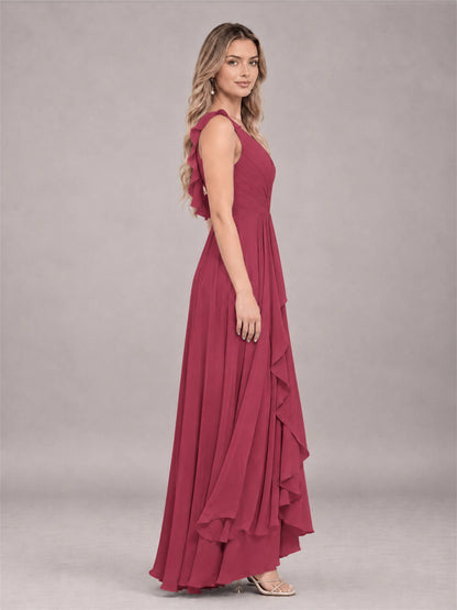 Cinnamon Rose Modern V-Neck Sleeveless Ruffles Floor Length Bridesmaid Dress