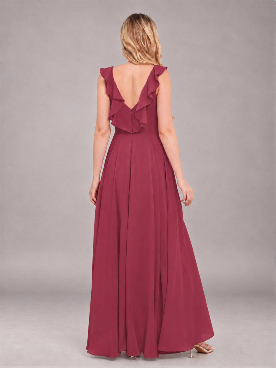Cinnamon Rose Modern V-Neck Sleeveless Ruffles Floor Length Bridesmaid Dress