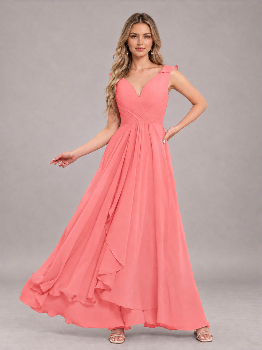 Coral Modern V-Neck Sleeveless Ruffles Floor Length Bridesmaid Dress