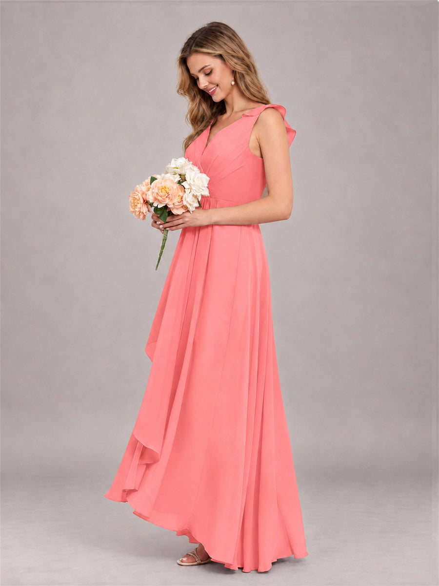 Coral Modern V-Neck Sleeveless Ruffles Floor Length Bridesmaid Dress