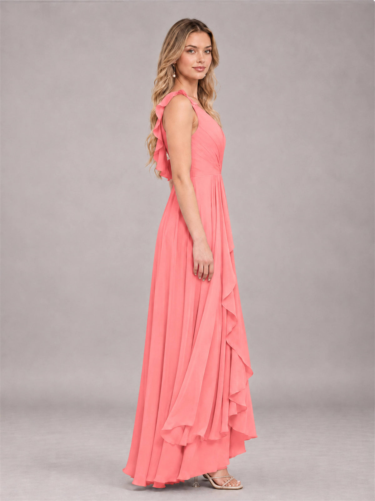 Coral Modern V-Neck Sleeveless Ruffles Floor Length Bridesmaid Dress
