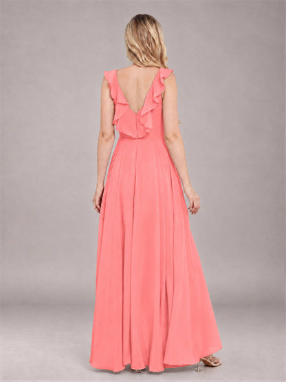 Coral Modern V-Neck Sleeveless Ruffles Floor Length Bridesmaid Dress