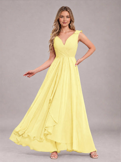 Daffodil Modern V-Neck Sleeveless Ruffles Floor Length Bridesmaid Dress