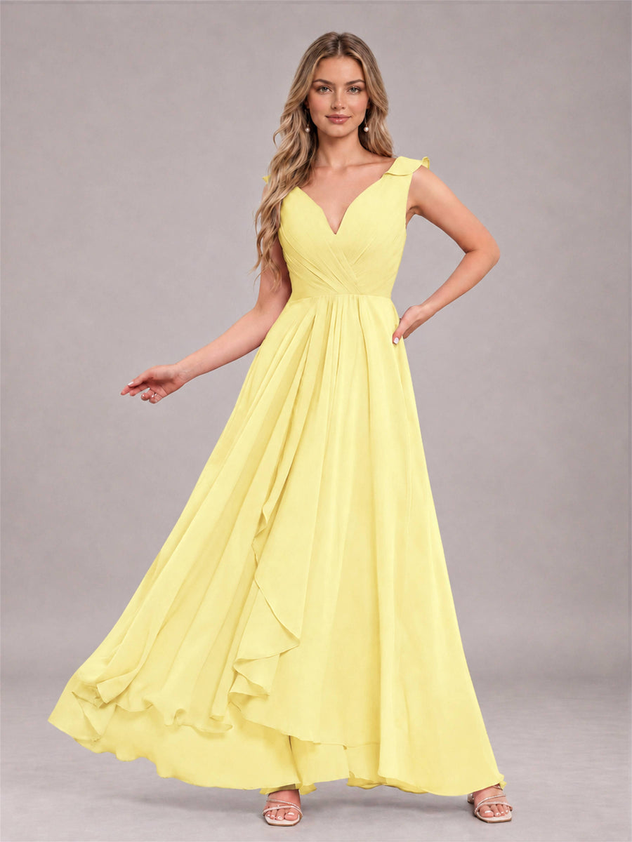 Daffodil Modern V-Neck Sleeveless Ruffles Floor Length Bridesmaid Dress