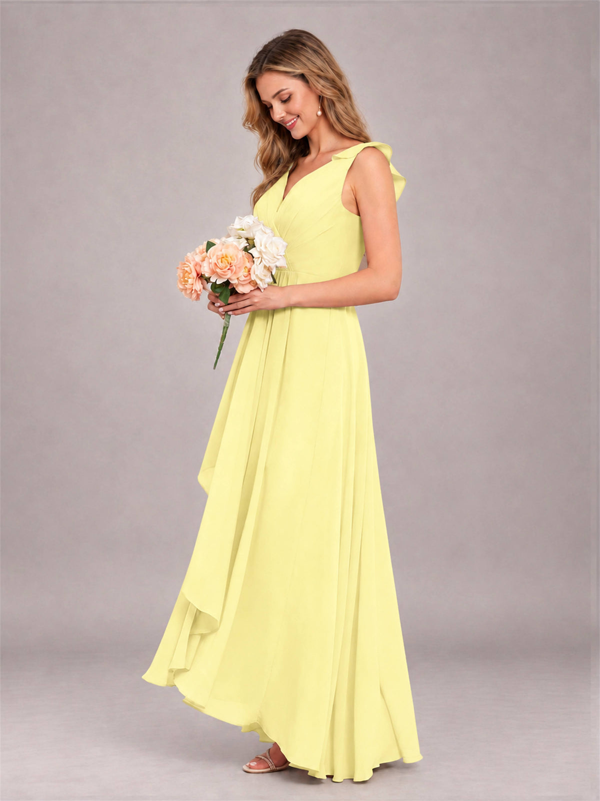 Daffodil Modern V-Neck Sleeveless Ruffles Floor Length Bridesmaid Dress