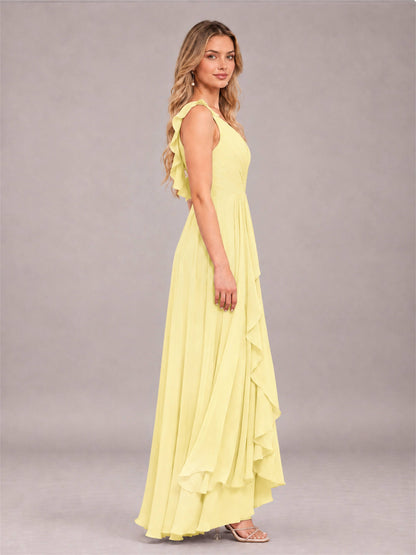Daffodil Modern V-Neck Sleeveless Ruffles Floor Length Bridesmaid Dress