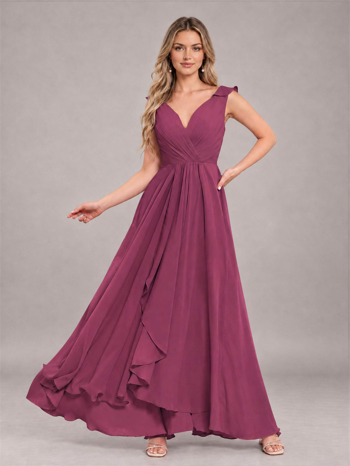 Desert Rose Modern V-Neck Sleeveless Ruffles Floor Length Bridesmaid Dress