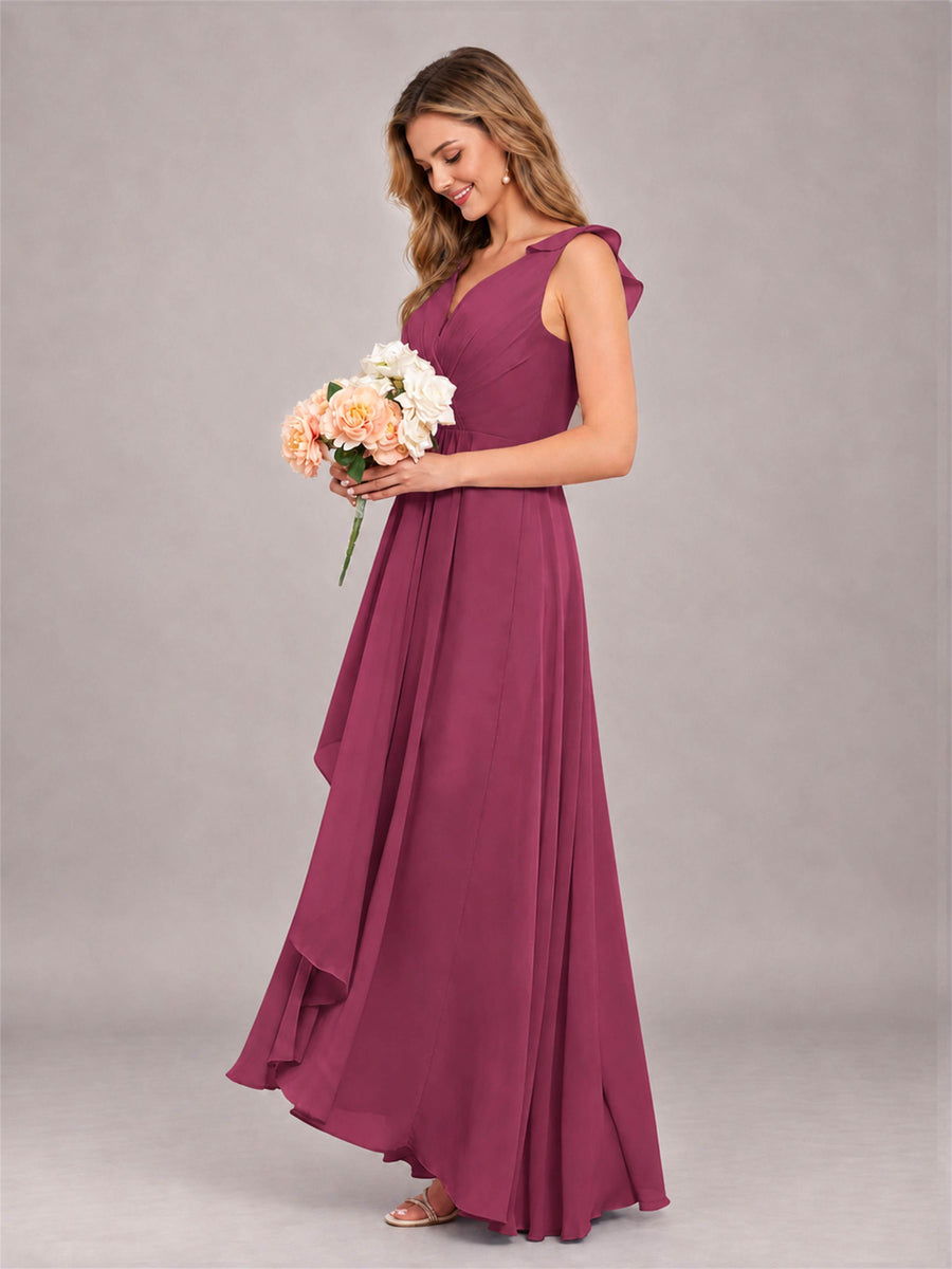 Desert Rose Modern V-Neck Sleeveless Ruffles Floor Length Bridesmaid Dress