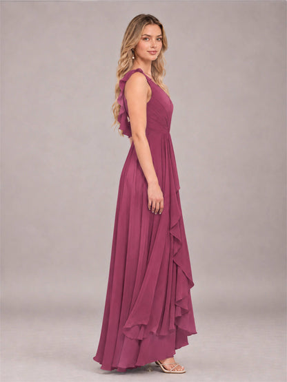 Desert Rose Modern V-Neck Sleeveless Ruffles Floor Length Bridesmaid Dress
