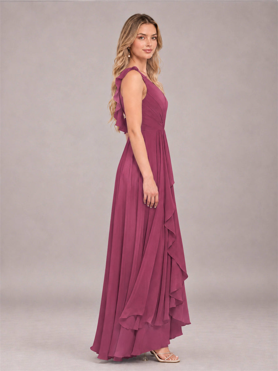 Desert Rose Modern V-Neck Sleeveless Ruffles Floor Length Bridesmaid Dress