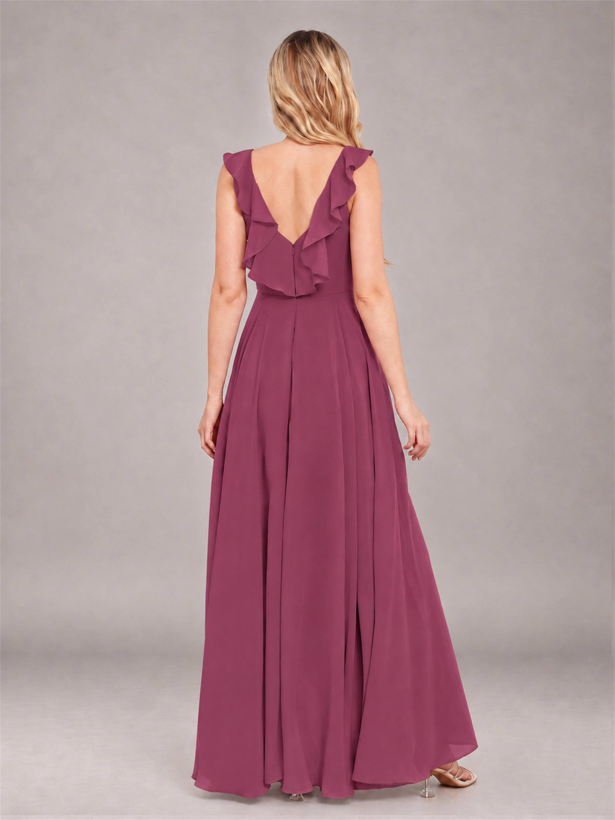 Desert Rose Modern V-Neck Sleeveless Ruffles Floor Length Bridesmaid Dress