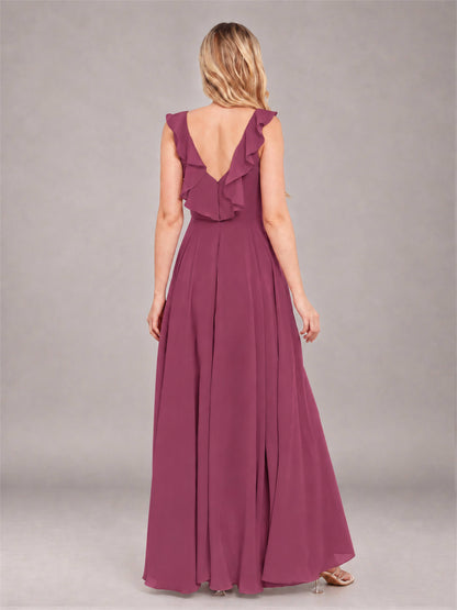 Desert Rose Modern V-Neck Sleeveless Ruffles Floor Length Bridesmaid Dress