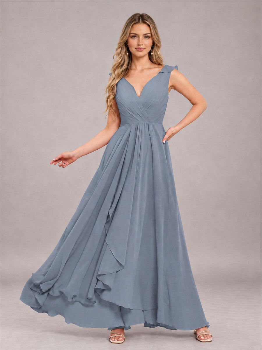 Dusty Blue Modern V-Neck Sleeveless Ruffles Floor Length Bridesmaid Dress