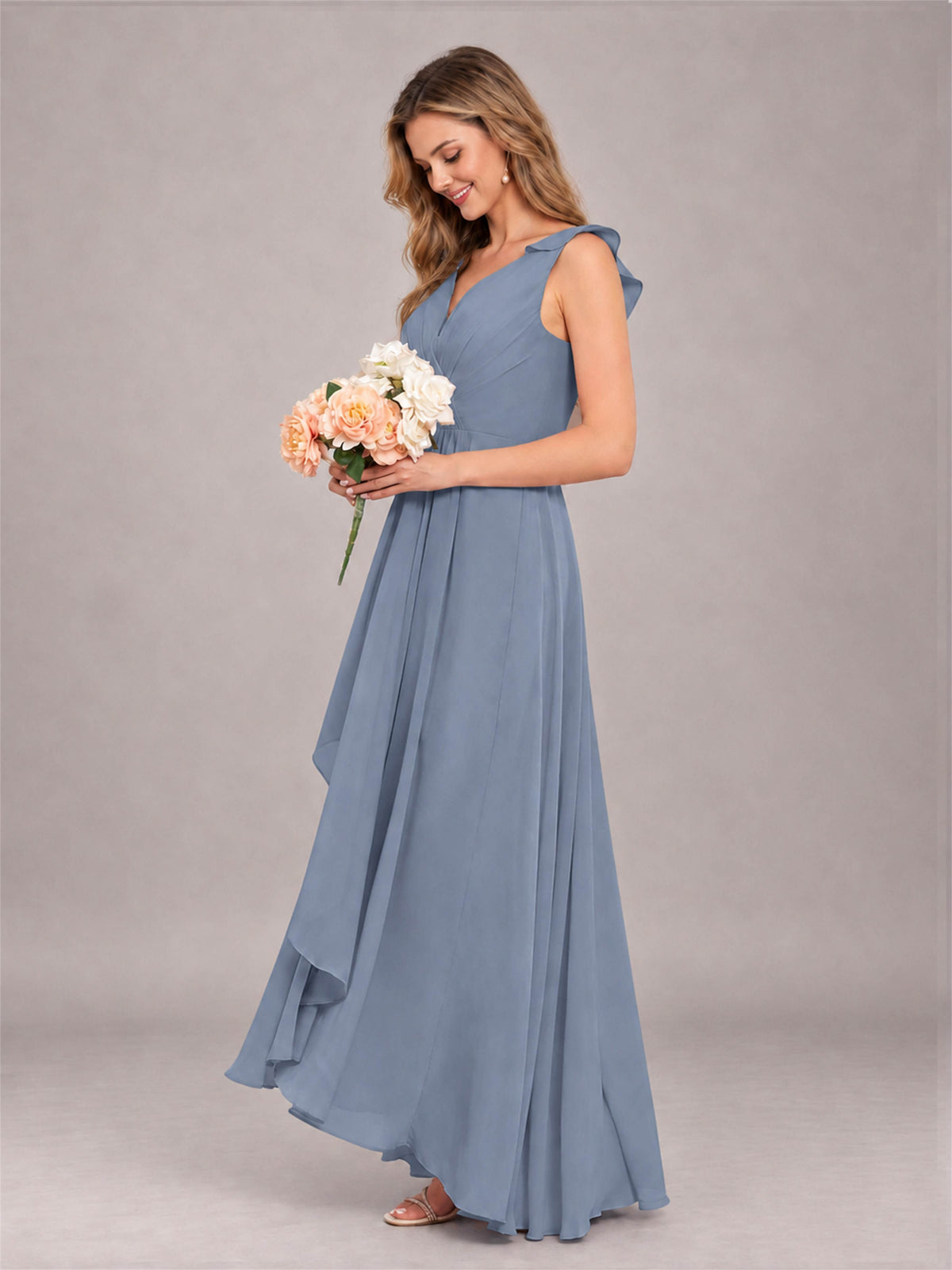 Dusty Blue Modern V-Neck Sleeveless Ruffles Floor Length Bridesmaid Dress