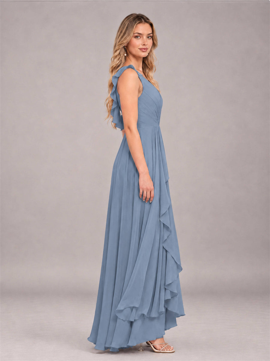Dusty Blue Modern V-Neck Sleeveless Ruffles Floor Length Bridesmaid Dress