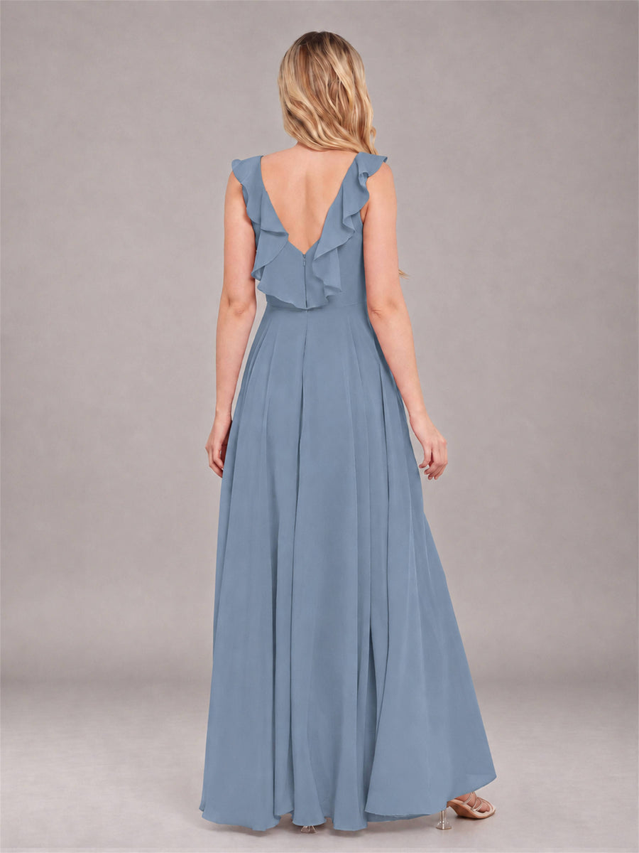 Dusty Blue Modern V-Neck Sleeveless Ruffles Floor Length Bridesmaid Dress