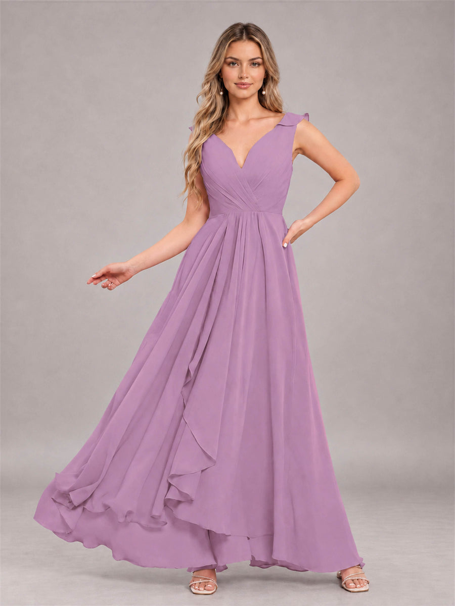 Dusty Purple Modern V-Neck Sleeveless Ruffles Floor Length Bridesmaid Dress