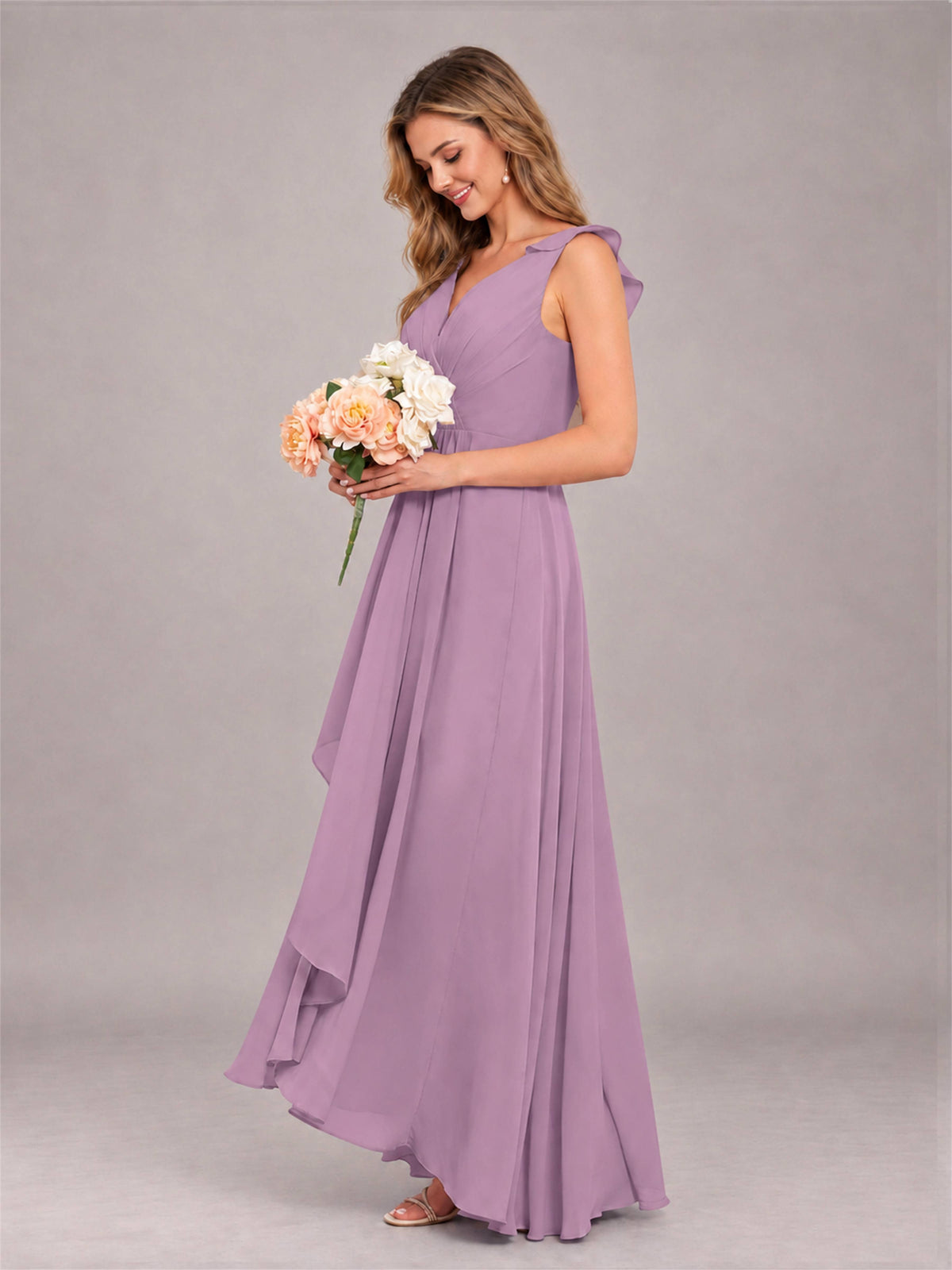 Dusty Purple Modern V-Neck Sleeveless Ruffles Floor Length Bridesmaid Dress