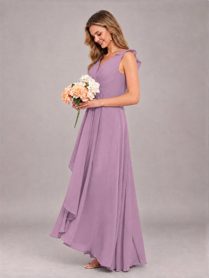 Dusty Purple Modern V-Neck Sleeveless Ruffles Floor Length Bridesmaid Dress