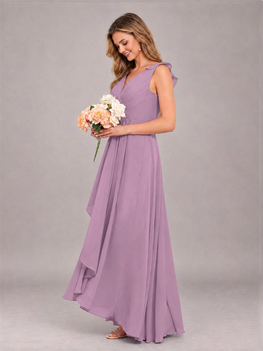 Dusty Purple Modern V-Neck Sleeveless Ruffles Floor Length Bridesmaid Dress