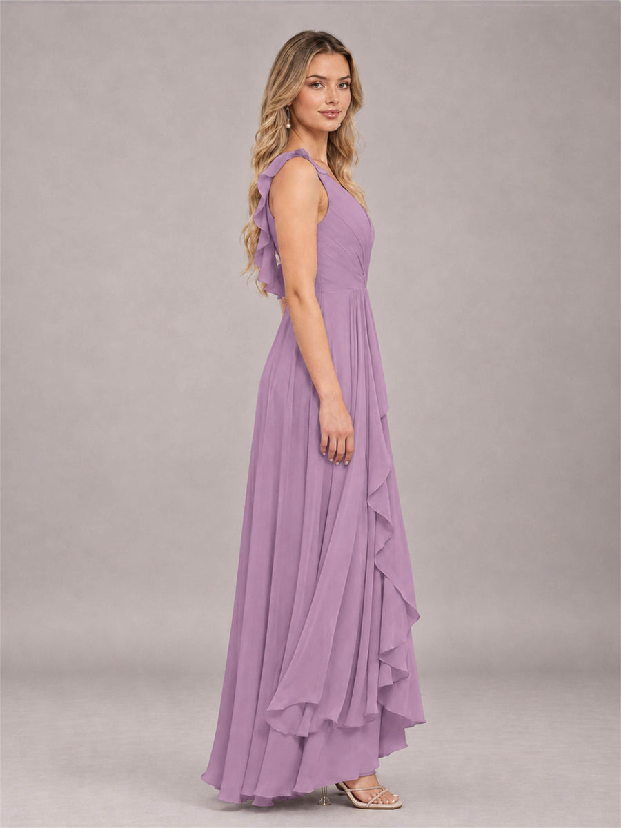 Dusty Purple Modern V-Neck Sleeveless Ruffles Floor Length Bridesmaid Dress