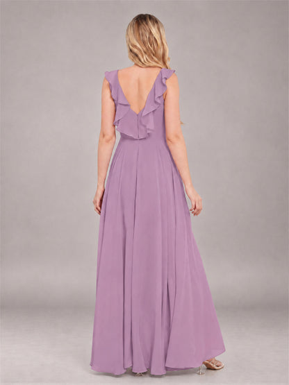 Dusty Purple Modern V-Neck Sleeveless Ruffles Floor Length Bridesmaid Dress