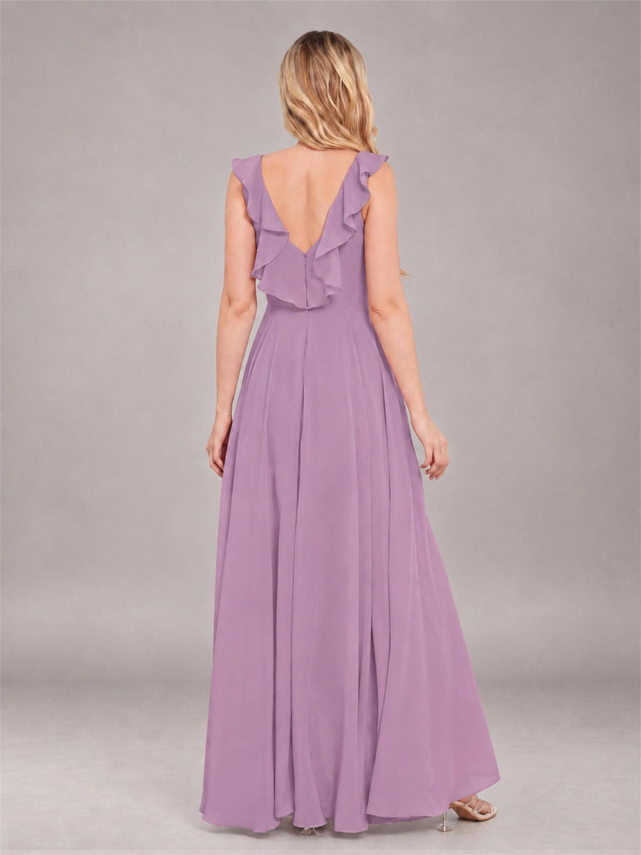 Dusty Purple Modern V-Neck Sleeveless Ruffles Floor Length Bridesmaid Dress