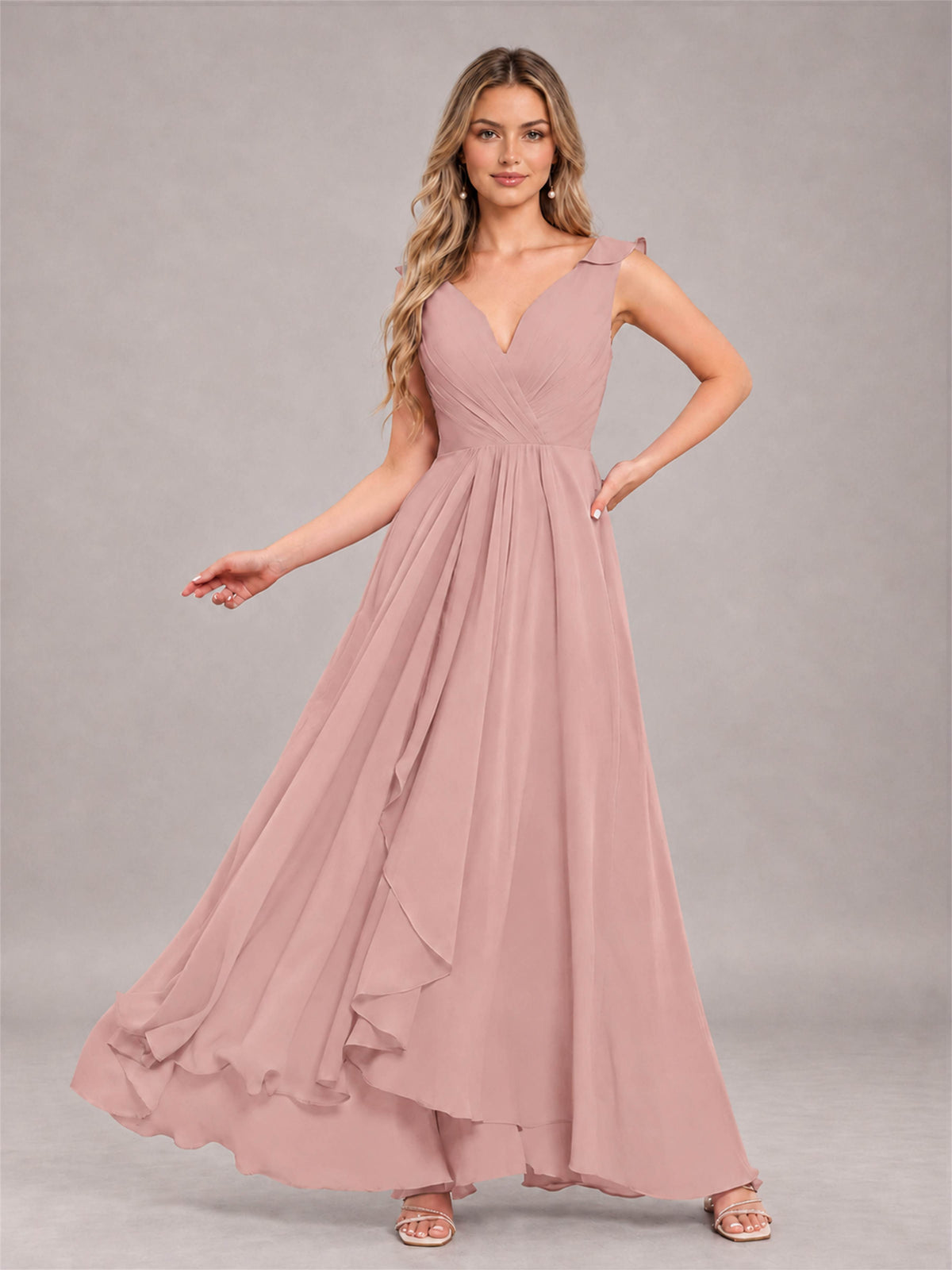 Dusty Rose Modern V-Neck Sleeveless Ruffles Floor Length Bridesmaid Dress