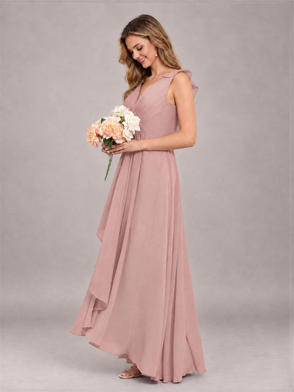 Dusty Rose Modern V-Neck Sleeveless Ruffles Floor Length Bridesmaid Dress