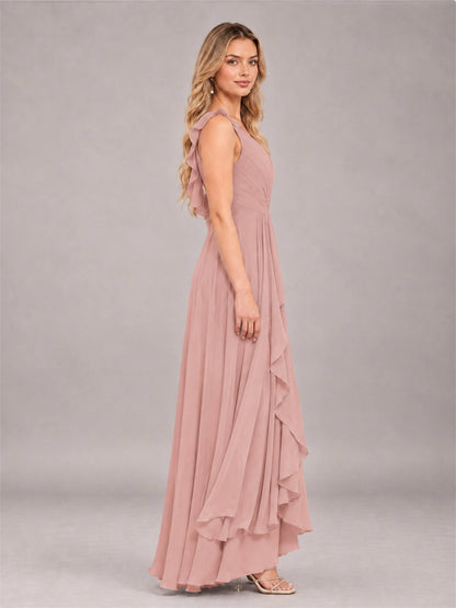 Dusty Rose Modern V-Neck Sleeveless Ruffles Floor Length Bridesmaid Dress