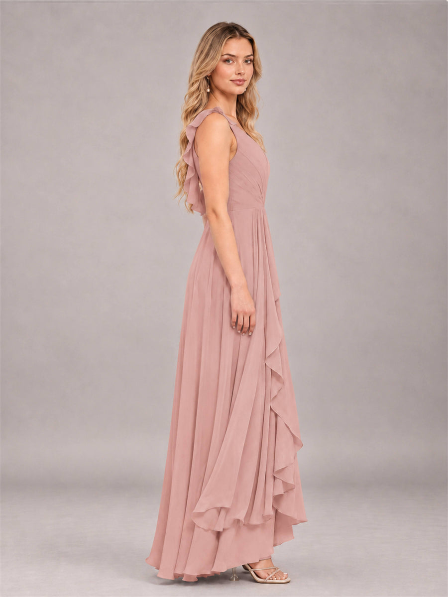 Dusty Rose Modern V-Neck Sleeveless Ruffles Floor Length Bridesmaid Dress