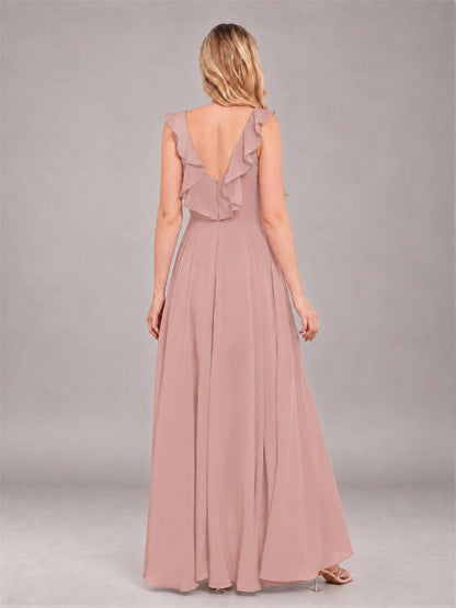 Dusty Rose Modern V-Neck Sleeveless Ruffles Floor Length Bridesmaid Dress