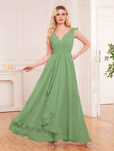 Modern V-Neck Sleeveless Ruffles Floor Length Bridesmaid Dresses