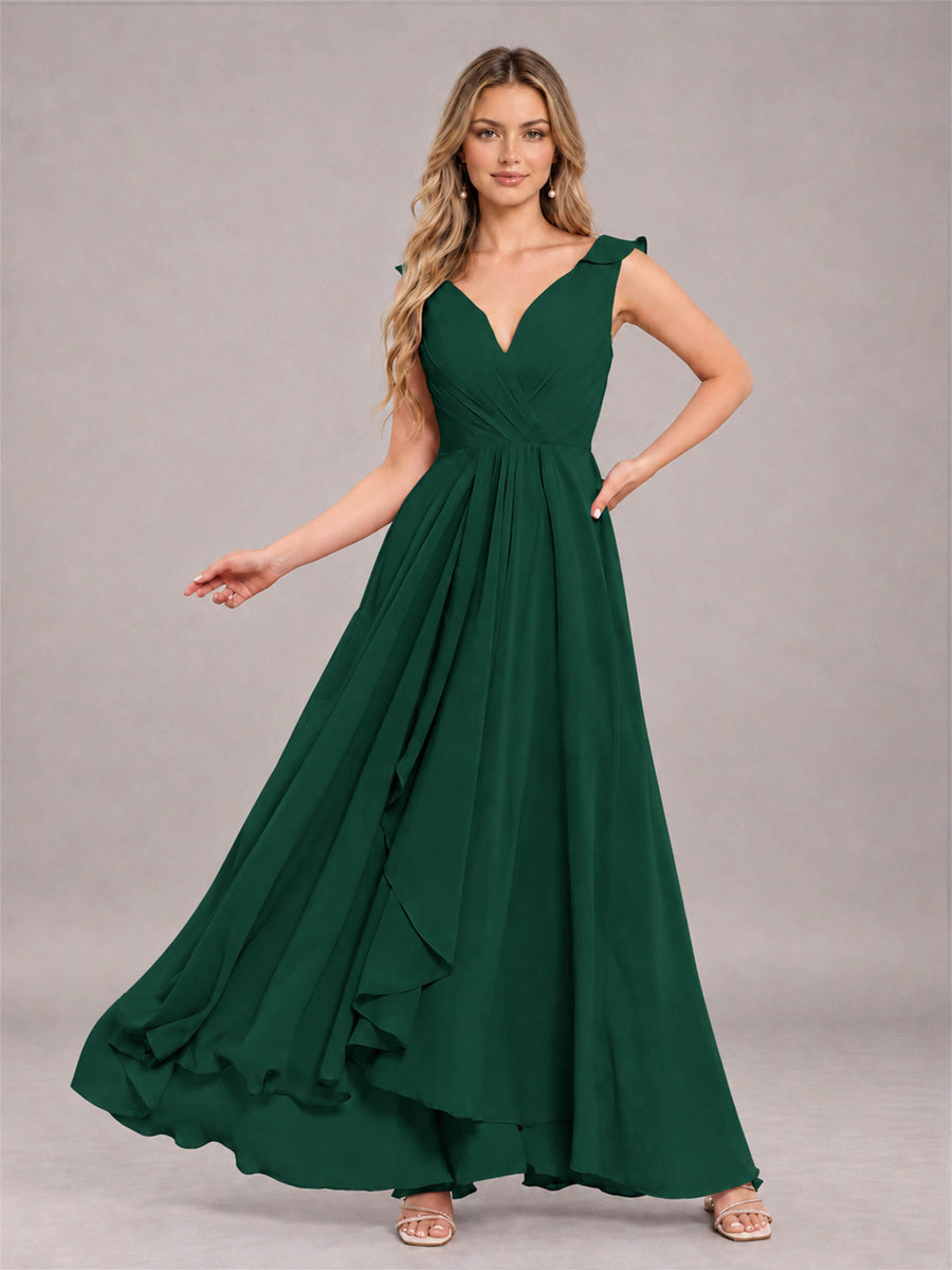 Emerald Green Modern V-Neck Sleeveless Ruffles Floor Length Bridesmaid Dress