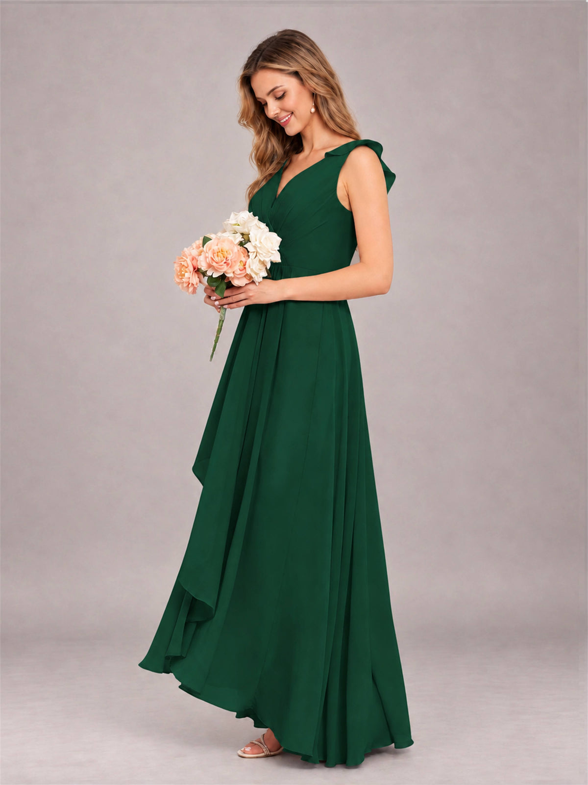 Emerald Green Modern V-Neck Sleeveless Ruffles Floor Length Bridesmaid Dress