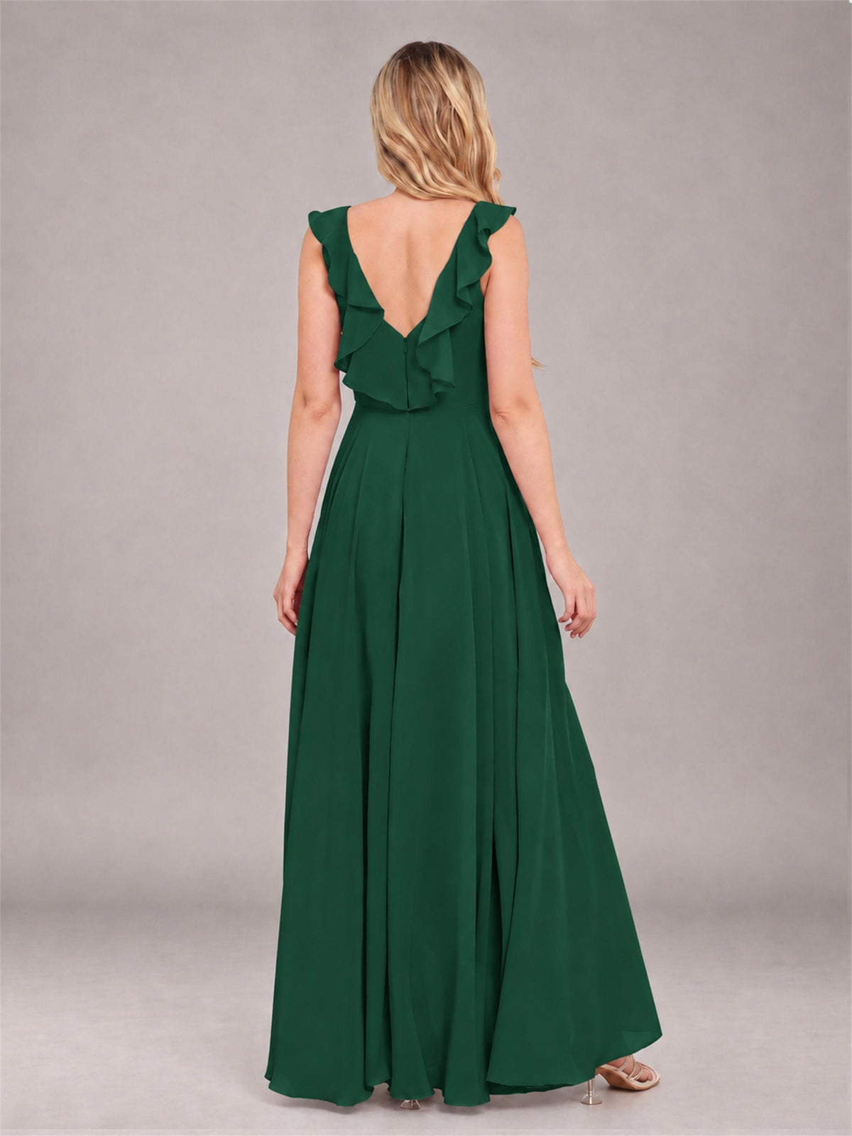 Emerald Green Modern V-Neck Sleeveless Ruffles Floor Length Bridesmaid Dress