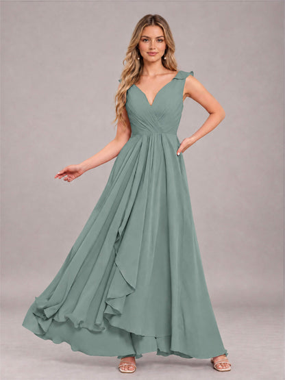 Eucalyptus Modern V-Neck Sleeveless Ruffles Floor Length Bridesmaid Dress