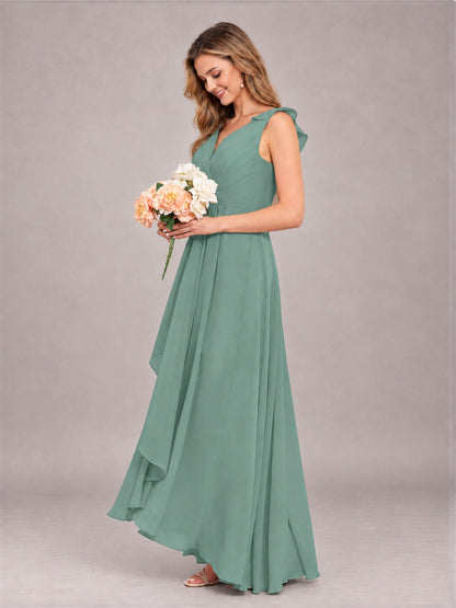 Eucalyptus Modern V-Neck Sleeveless Ruffles Floor Length Bridesmaid Dress