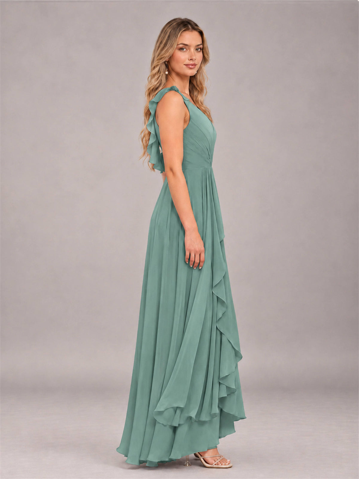 Eucalyptus Modern V-Neck Sleeveless Ruffles Floor Length Bridesmaid Dress