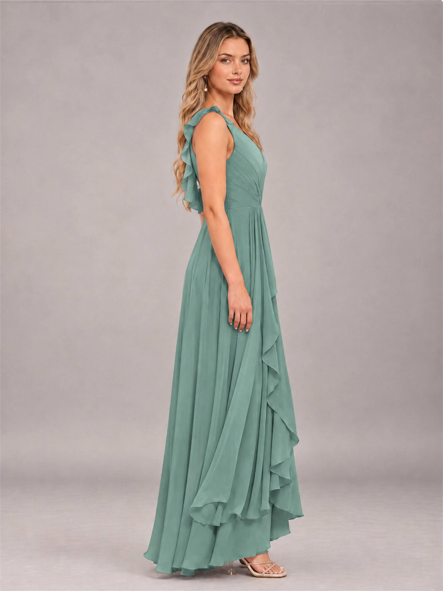 Eucalyptus Modern V-Neck Sleeveless Ruffles Floor Length Bridesmaid Dress