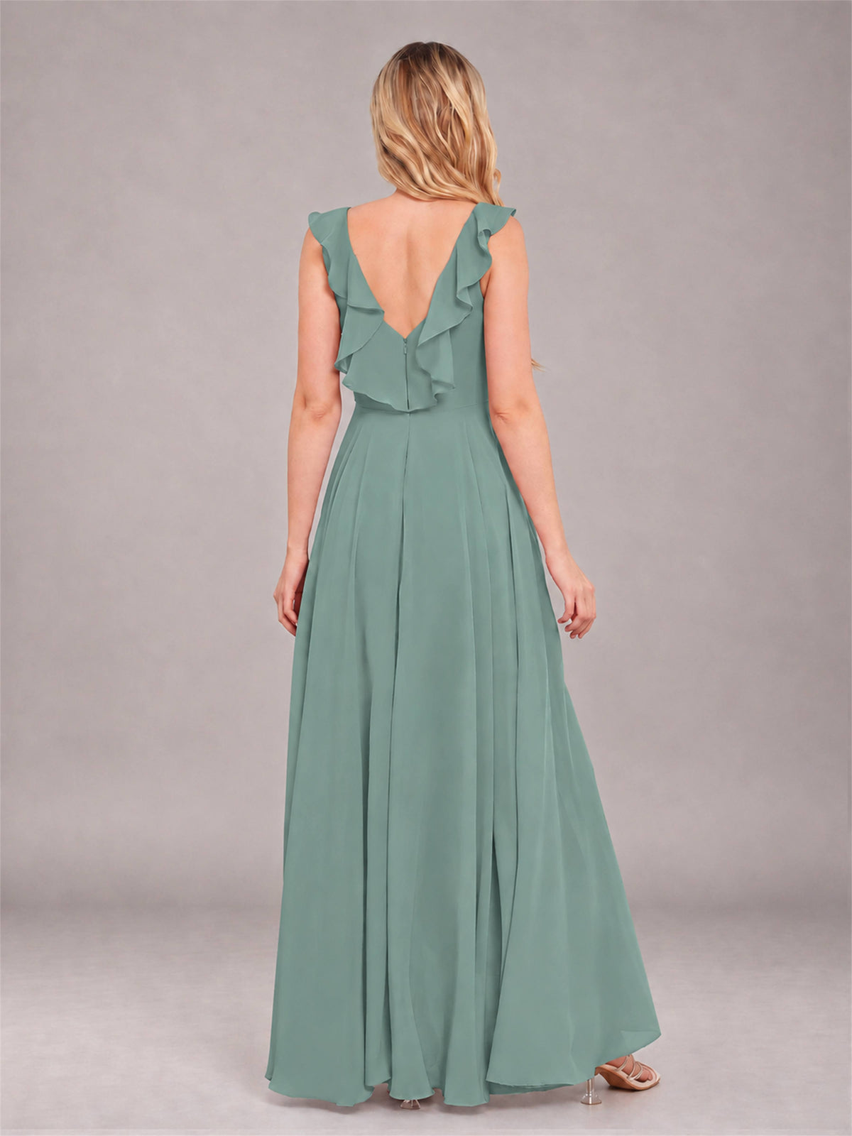 Eucalyptus Modern V-Neck Sleeveless Ruffles Floor Length Bridesmaid Dress