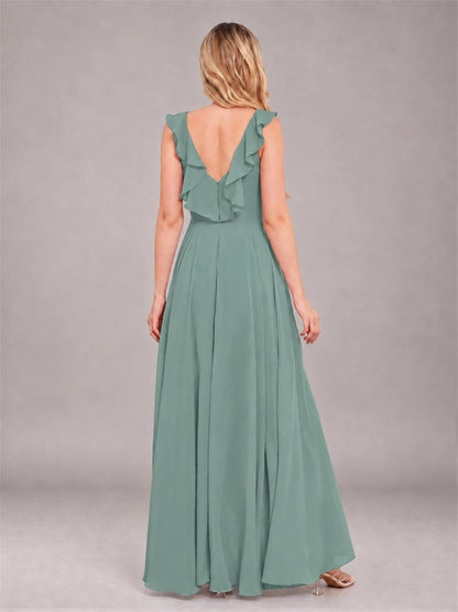 Eucalyptus Modern V-Neck Sleeveless Ruffles Floor Length Bridesmaid Dress