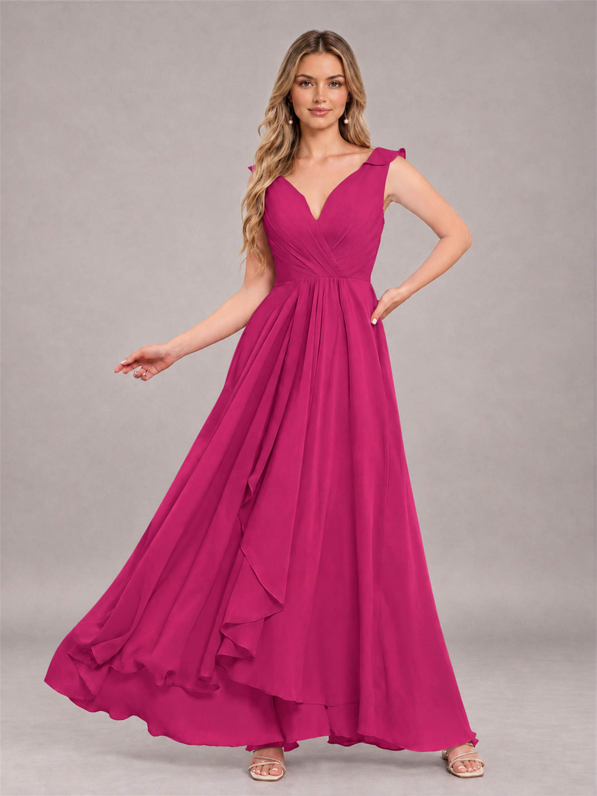 Fuchsia Modern V-Neck Sleeveless Ruffles Floor Length Bridesmaid Dress