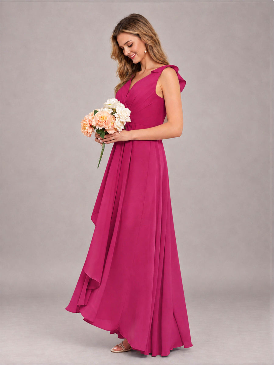 Fuchsia Modern V-Neck Sleeveless Ruffles Floor Length Bridesmaid Dress