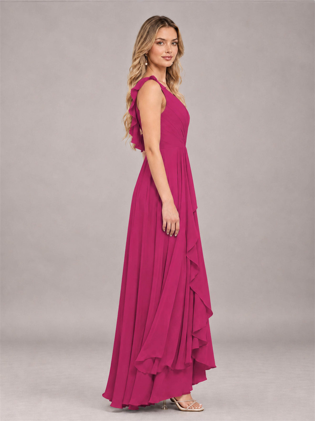 Fuchsia Modern V-Neck Sleeveless Ruffles Floor Length Bridesmaid Dress