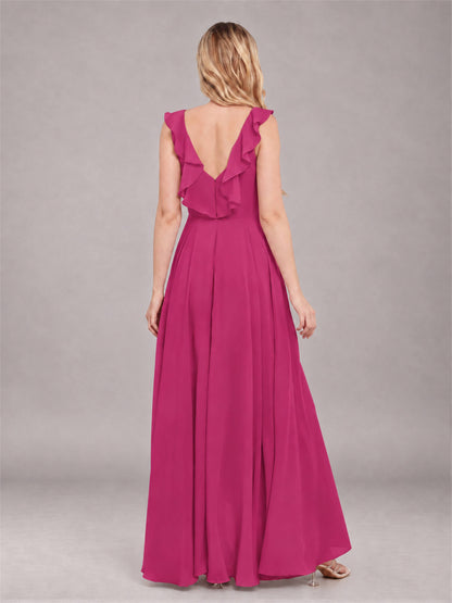 Fuchsia Modern V-Neck Sleeveless Ruffles Floor Length Bridesmaid Dress