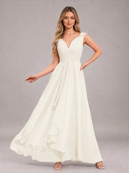Ivory Modern V-Neck Sleeveless Ruffles Floor Length Bridesmaid Dress