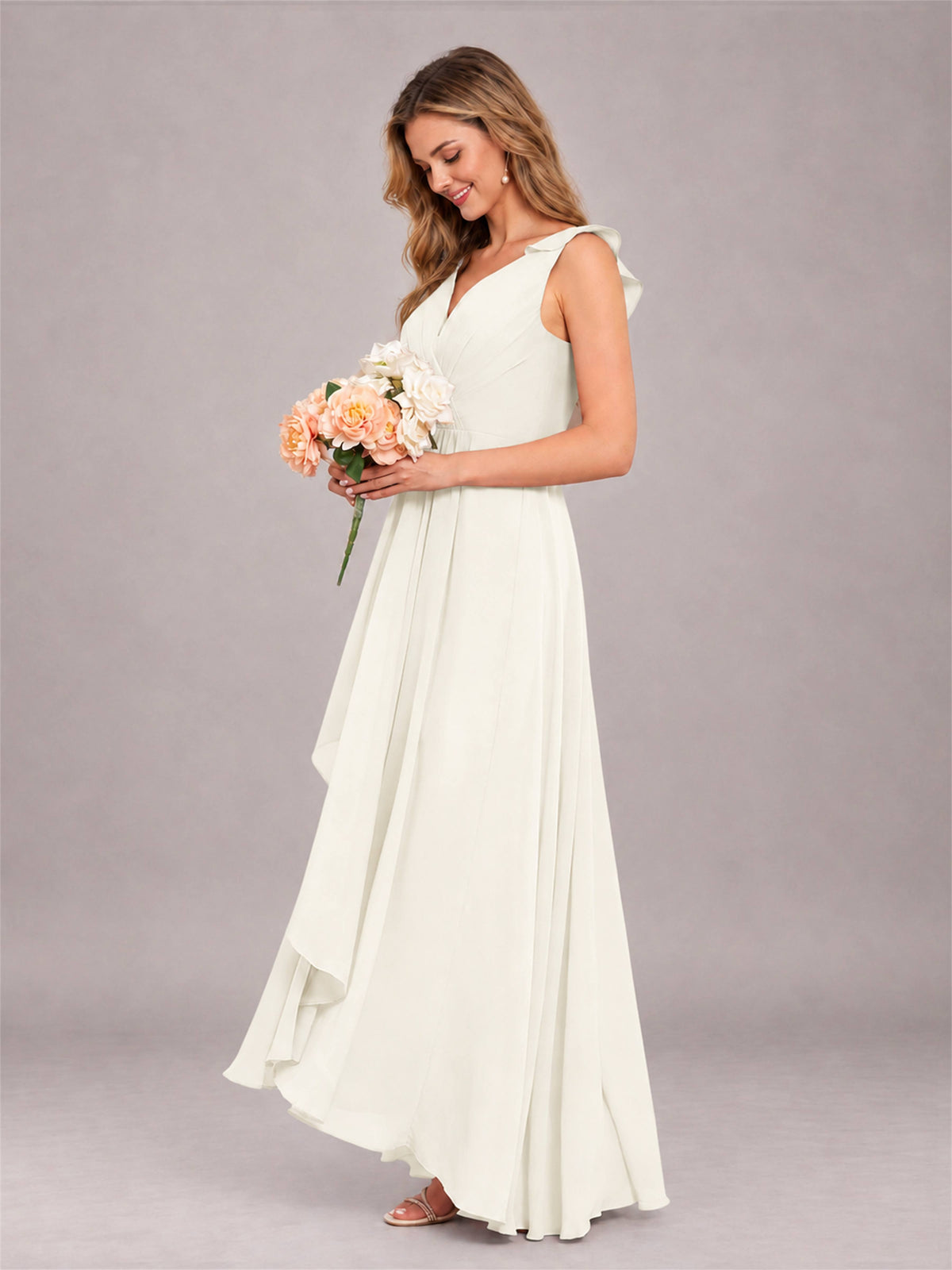 Ivory Modern V-Neck Sleeveless Ruffles Floor Length Bridesmaid Dress