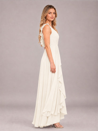 Ivory Modern V-Neck Sleeveless Ruffles Floor Length Bridesmaid Dress
