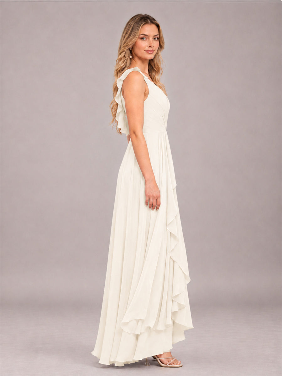Ivory Modern V-Neck Sleeveless Ruffles Floor Length Bridesmaid Dress